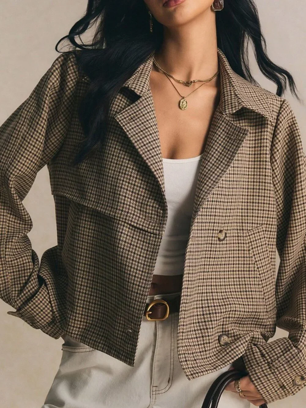 Coffee Brown Casual Women's French Plaid Elegant Short Trench Coat
